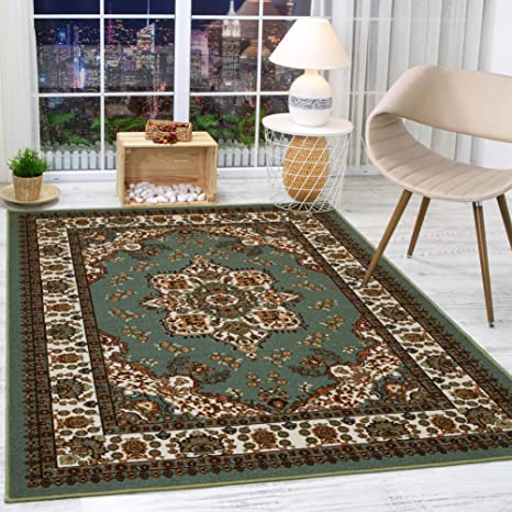 Antep Rugs Alfombras Oriental Traditional 4x6 Non-Skid (Non-Slip) Low Profile Pile Rubber Backing Indoor Area Rugs (Green, 4' x 5'8")