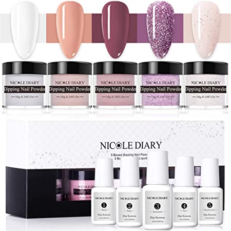 NICOLE DIARY Dipping Nail Powder Nail Starter Kit Nude Glitter 5 Colors Dip Nail Powder with Acrylic Dipping Liquid System for French Nail Essential Kit Portable Christmas Gift Set for Travel