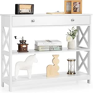 Giantex Console Table 3-Tier W/Drawer and Storage Shelves, X-Design Entryway Table for Hallway, Living Room and Bedroom Sofa Side Table (White)