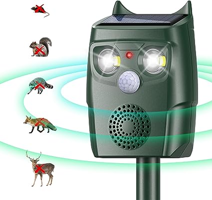 Animal Deterrent, Solar Powered Squirrel Repellent with Motion Sensor, Waterproof Outdoor Animal Repellent Chase Device with Flashing-Light for Bird Skunk Raccoon Cat Bobcats, Frequency 18kHZ