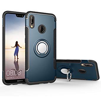 Newzerol for Huawei P20 Lite case [Adsorbed iron Plate] 360° Rotation Metal Finger Ring Holder Kickstand Car Stand 3 in 1 Phone Case - Navy Blue