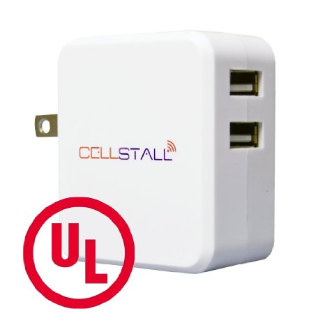Cellstall Dual USB Charger, UL Certified, Wall Adapter. Ideal Travel AC High Speed Rapid Plug for Apple, Android, Samsung, HTC, Kindle and MP3 - White