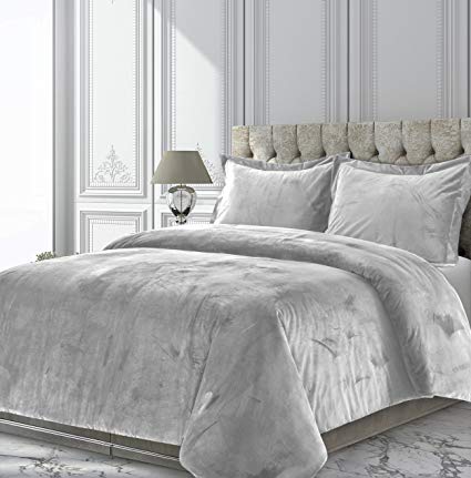 TRIBECA LIVING VENICEDUVETQUSI Venice Velvet Oversized Solid Duvet Set Queen Silver Grey