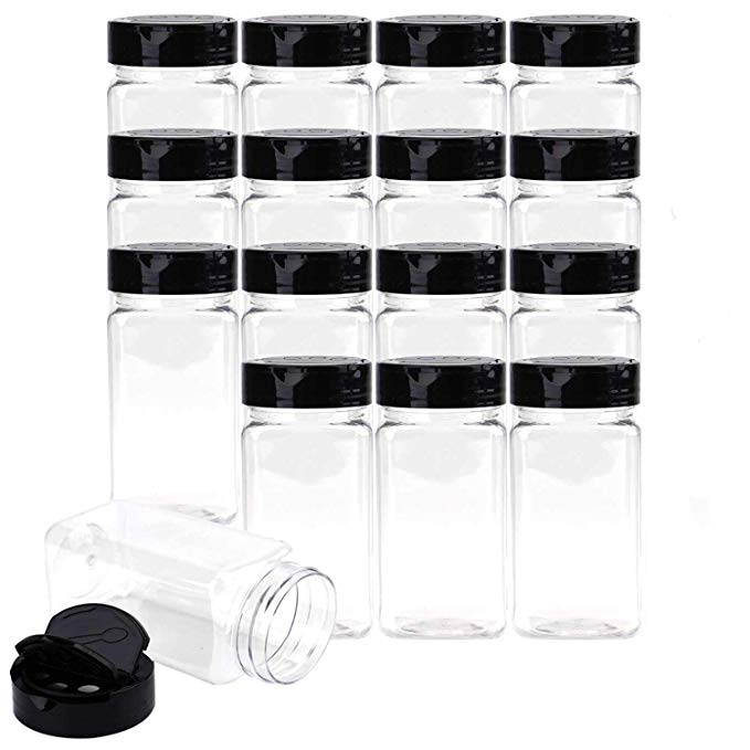 Bekith 16 Pack 9 Oz Plastic Spice Jars Bottles Containers with Black Cap - Perfect for Storing Spice, Herbs and Powders