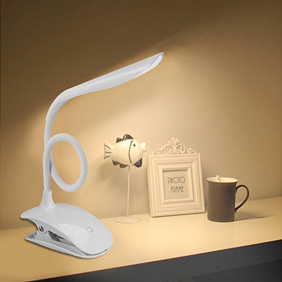 LED Table Clip Lamp, XIAOKOA 360 Degree 3-Level Dimmable Rechargeable Flexible Gooseneck Eye-Caring Desk Lamp, Engery-Efficient Touch-Sensitive Control LED Lamp 14 LEDS USB Powered for Reading Study Working