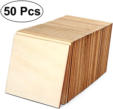 Blisstime 4 Inch Unfinished Wood Squares Pieces Natural Wood Coasters Wooden Square Cutouts for Painting, Writing, DIY Supplies, Engraving and Carving, Home Decorations (50)