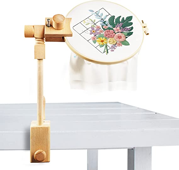 O'woda Embroidery Stand, Adjustable Rotated Cross Stitch Stand, Natural Beech Embroidery Hoop Stand Holder Rotation Embroidered Support Tool for Art Craft Sewing Projects Needlework