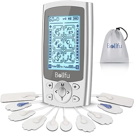 Belifu Dual Independent Channels TENS EMS Unit for Pain Relief, TENS Unit Muscle Stimulator with 24 Modes 20 Levels Intensity, Electric Pulse Massager TENS Massager with 10 Pads, Storage Bag