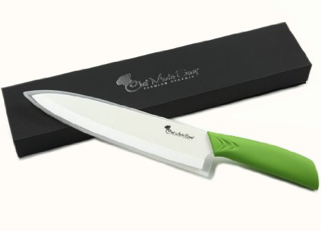 Chef Made Easy Ceramic Chefs Knife 8 Inch - Cutlery Kitchen Chef Knife with Elegant Gift Box and Custom Sheath - Green