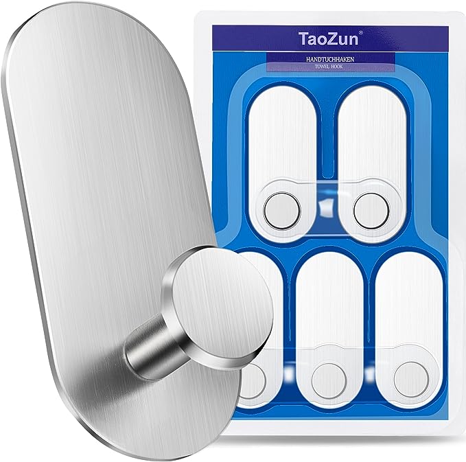 Taozun Self Adhesive Hooks - 5 Packs Sticky Hooks for Hanging, Stainless Steel Coat Hooks for Bathroom Kitchen (Silver)