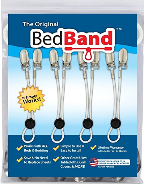The ORIGINAL Bed Band - Adjustable Fastener/Holder/Strap/Suspender/Gripper for Your Sheets (2 Pack - White)