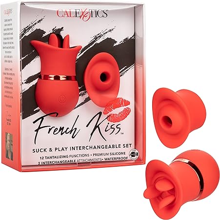 CalExotics French Kiss Suck and Play Interchangeable Set - Premium Rechargeable Travel Size Suction Vibrator - Luxury Adult Sex Toy for Women- Red