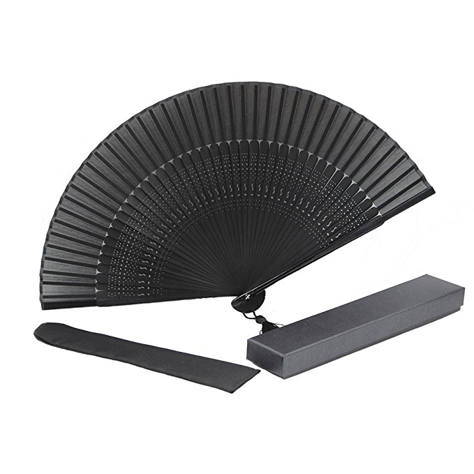 K.MAX Bamboo Wood Silk Folding Fan, Chinese/Japanese Vintage Retro Style Handmade Silk Black Hand Fan with a Fabric Sleeve and Tassels for Home Decoration Party Wedding Dancing Easter Gift (Black)