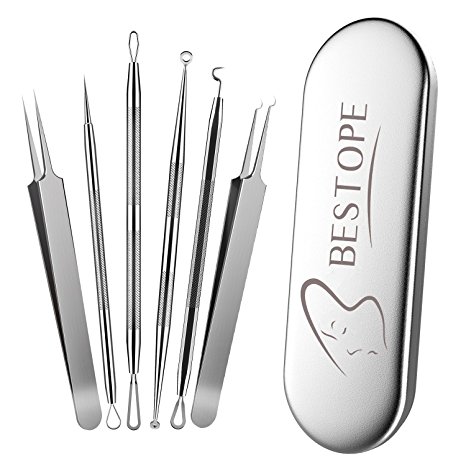 BESTOPE Blackhead Remover 6Pcs Blackhead Tweezer Pimple Comedone Extractor Tool - Treatment for Blemish Whitehead Popping Zit Removing with Metal Case