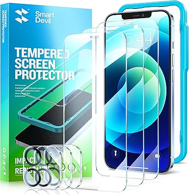 SmartDevil 3 Pack Screen Protector for iPhone 12 with 3-Pack Camera Lens Protector, 9H Clear Tempered Glass Film [Military Grade Shatterproof], Alignment Frame [Easy Installation]