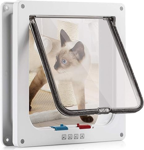 Chatière pour Chat avec magnétique à 4 voies, porte pour animaux de compagnie pour chats et petits chiens, porte pour chat avec tunnel Blanc 18 x 19 x 5.5 cm