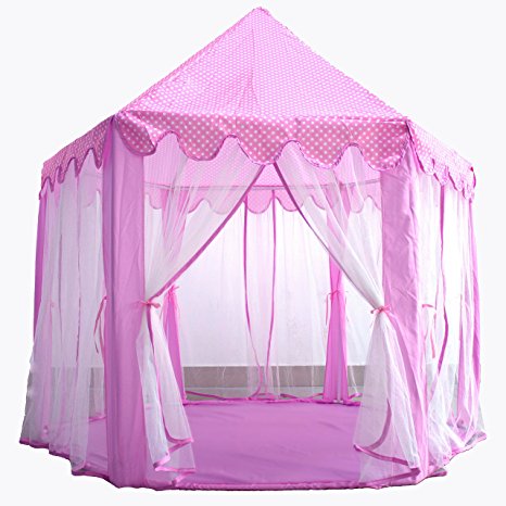 MonoBeach Kids Princess Castle Play Tent Indoor Playhouse with 20 Feet and 40 LED Star Lights, 55"x 53"(DxH), Pink
