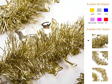 iPEGTOP 3Pcs 8.2Ft Tinsel Christmas Garland Thick Cut with Jingle Bell Pendant, Party Holiday Ceiling Hanging Ornaments Christmas Tree Decorations, Gold