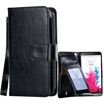 LG G3 Case, LG G3 Wallet Case, BENTOBEN [9 Card Holder] [Wrist Strap] [Money Pouch] PU Leather Flip Wallet Case with ID&Credit Card Holder for LG G3/D851/US990/D850/LS990/VS985/AS985, Black