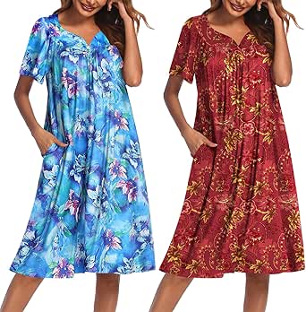 Ekouaer 2 Pack House Dresses for Women with Pockets Short Sleeve Moo Moos Floral Print Mumu Dresses