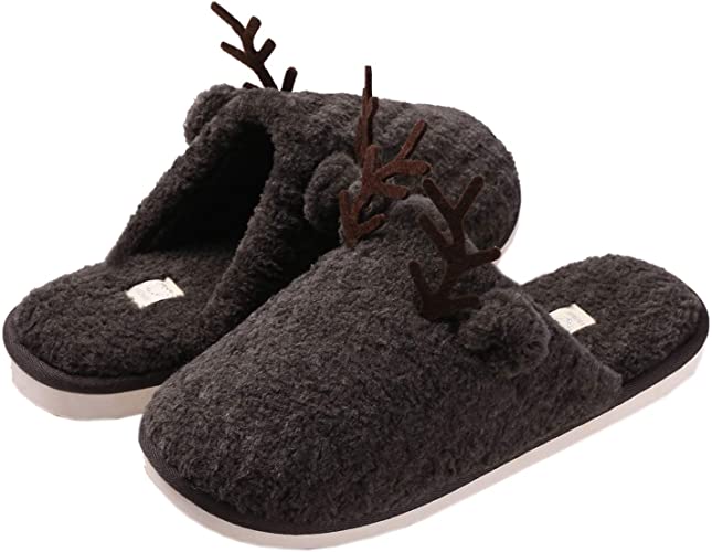 ACEVOG Women & Men Christmas Deer Plush Slippers Classic Cartoon No-Slip Memory Foam Indoor Outdoor Slip-on Shoes