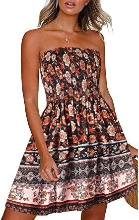 CHICGAL Summer Dresses for Women Beach Cover Ups Strapless Boho Floral Print Sundress