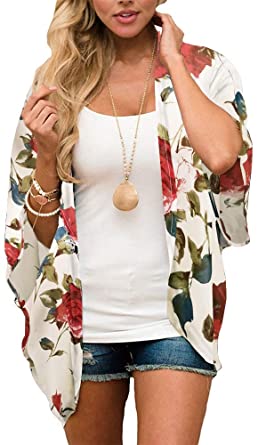 Women's Floral Print Puff Sleeve Kimono Cardigan Loose Cover Up Casual Blouse Tops