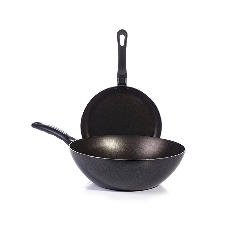 Essenso Bronx Nonstick 2 Piece 11” Stir-Fry Wok and 8.7” Crepe Pan Set, Dishwasher Safe, Black