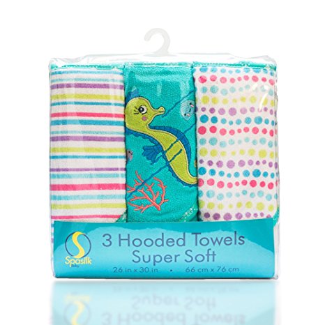 Spasilk 3 Pack Soft Terry Hooded Towel Set, Aqua Seahorse