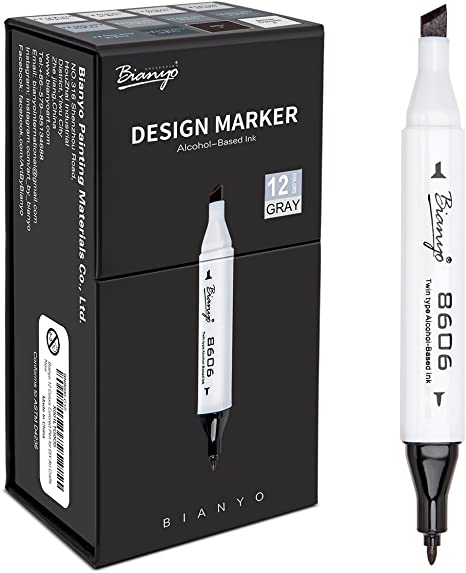 Bianyo Cool Greys Art Marker Pens- Dual Tip Permanent Markers for Drawing, Shading, Outlining, Illustrating, Sketching, Colorless Blender, 12-Count