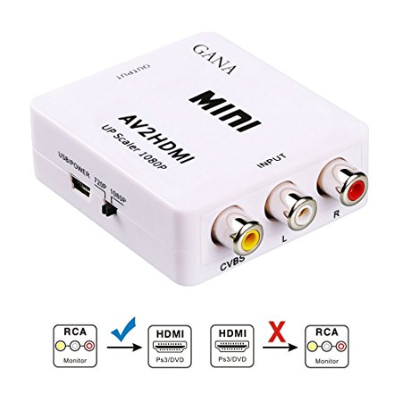 AV to HDMI, GANA 1080P Mini RCA Composite CVBS AV to HDMI Video Audio Converter Adapter Supporting PAL/NTSC with USB Charge Cable for PC Laptop Xbox PS4 PS3 TV STB VHS VCR Camera DVD