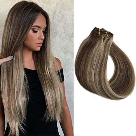 20" Clip in Extensions Dark Brown to Bleach Blonde Highlights 70grams 7pcs Silky Straight Remy Human Hair Extensions Clips in Blonde Balayage, 2/613
