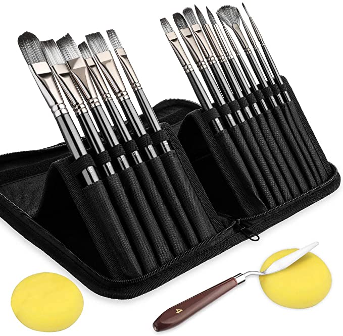 Artist Paint Brush Set, 15 PCS Professional Paint Brush Set Acrylic Oil Paint Brushes with Pop-up Case, Knife and 2 Sponges for Adults Kids Students, Black