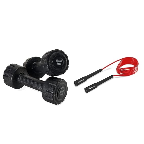 Lifelong PVC Dumbbells Pack of 2 for Home Gym Fitness Barbell (6 Month Warranty) (1kg, Black) Lifelong Gym Accessories (Skipping Rope)