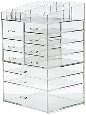 Cq acrylic Extra Large 8 Tier Clear Acrylic Cosmetic Makeup Storage Cube Organizer With 10 Drawers. the Top of The Different Size of The Compartment Suitable for Storing Lipstick and Makeup Brush