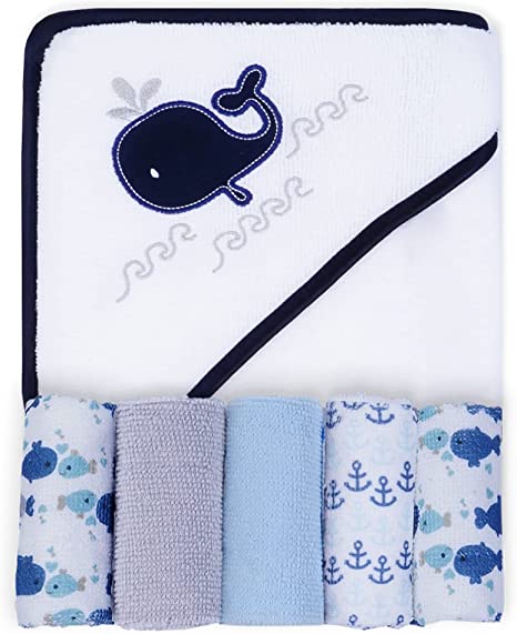 Softan Baby Hooded Bath Towel Soft and Absorbent for Newborn 1pack (66×76cm) Baby Bath Towel & 5 Pack Washcloths Set