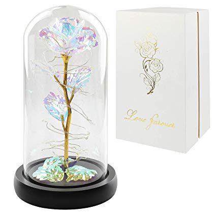 Colorful Artificial Flower Rose Gift, Led Light String on The Colorful Flower,Lasts Forever in A Glass Dome,Unique Gifts for Women, Christmas, Wedding,Valentine's Day, Anniversary and Birthday