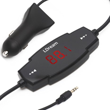 LDream FM Transmitter with 3.5mm Input Audio Jack 2.4A USB Car Charger for SmartPhones and Players