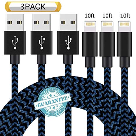 DANTENG Phone Charger 3Pack 10FT Nylon Braided Charging Cables USB Charger Cord, Compatible with Phone Xs MAX XR X 8 8 Plus 7 7 Plus 6 6 Plus Pad and Pod - Black Blue