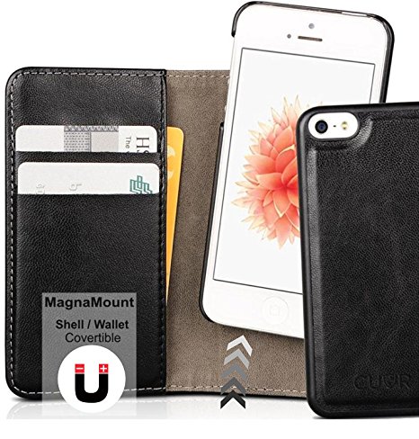 iPhone SE Case [Also Fits 5/5S] With Convertible Magnetic Shell Case / Wallet by Cuvr with Vegan Leather Cover. Mount Your iPhone in Car, Office, Home and Outdoors.