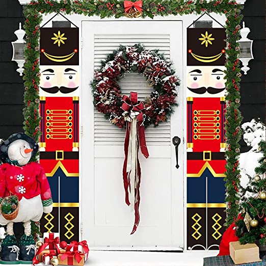 ALINK Nutcracker Christmas Decor Banners-Outdoor Xmas Decorations-Life Size Soldier Model Porch Sign Nutcracker Hanging Flags for Front Door Garden Home Holiday Parties Supplies(70.8 x 11.8 Inch) (Black red)