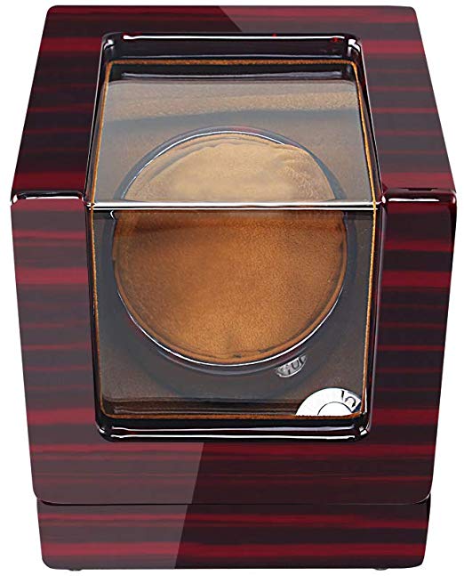 Vtime Single Watch Winder, Automatic Wooden Box with Quite Motor, Polished Finish and Brass Knob