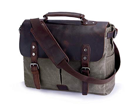 Mens Messenger Bag,Handmade Cross Body Bag Genuine Leather Laptop Briefcase Waxed Canvas Shoulder Bag with Detachable Strap,Computer Sctchel Bag Travel Work Bag for 15.6 inches Laptop