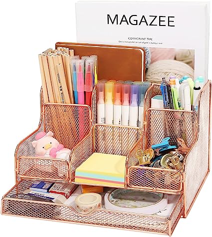 MoKo Desk Organizer with Drawer, Mesh Office Supplies Caddy Stationary Accessories Storage Desktop Holder with 7 Compartments for Notebook, Pens, Pencils, Makeups, Small Household Supplies, Rose Gold