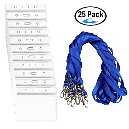 Horizontal ID Name Badge Holder with Woven Lanyard- Waterproof Heavy Duty Resealable- 25 Pack by ZHEGUI