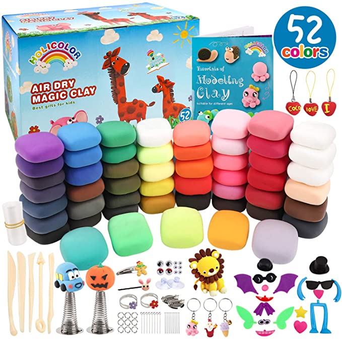 HOLICOLOR 52 Colors (0.55 Ounce Per Pack) Air Dry Clay Kit Includes Extra 3 White Clay Packs with Accessories Sets and 5 Tools, Magic Modeling Clay Kits, Kids Gifts Art Set for Boys Girls