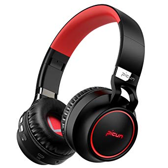 Picun Bluetooth Headphones LED Wireless Foldable Headsets Support 7 Colors Lights 20h Playtime TF Card Over Ear Hi-Fi Stereo Bluetooth Headset with Built in Mic for Cellphone Computer TV (Black&Red)