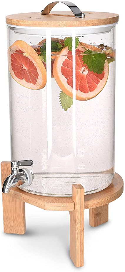 Navaris Beverage Dispenser with Stand - 1.8 Gallon (7L) Glass Drink Dispenser with Spigot, Lid, Wood Stand for Hot or Cold Drinks, Ice Water, Parties