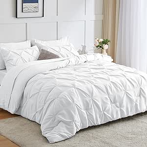 CozyLux King Size Comforter Set - 7 Pieces Comforters King Size White, Pintuck Bed in A Bag Pinch Pleat Bedding Sets with All Season Comforter, Flat Sheet, Fitted Sheet and Pillowcases & Shams