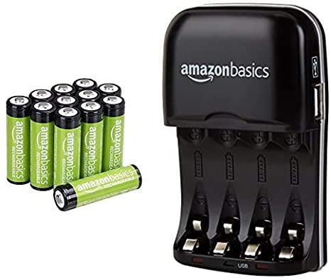 AmazonBasics AA Rechargeable Batteries (12-Pack) and Ni-MH AA & AAA Battery Charger with USB Port Set